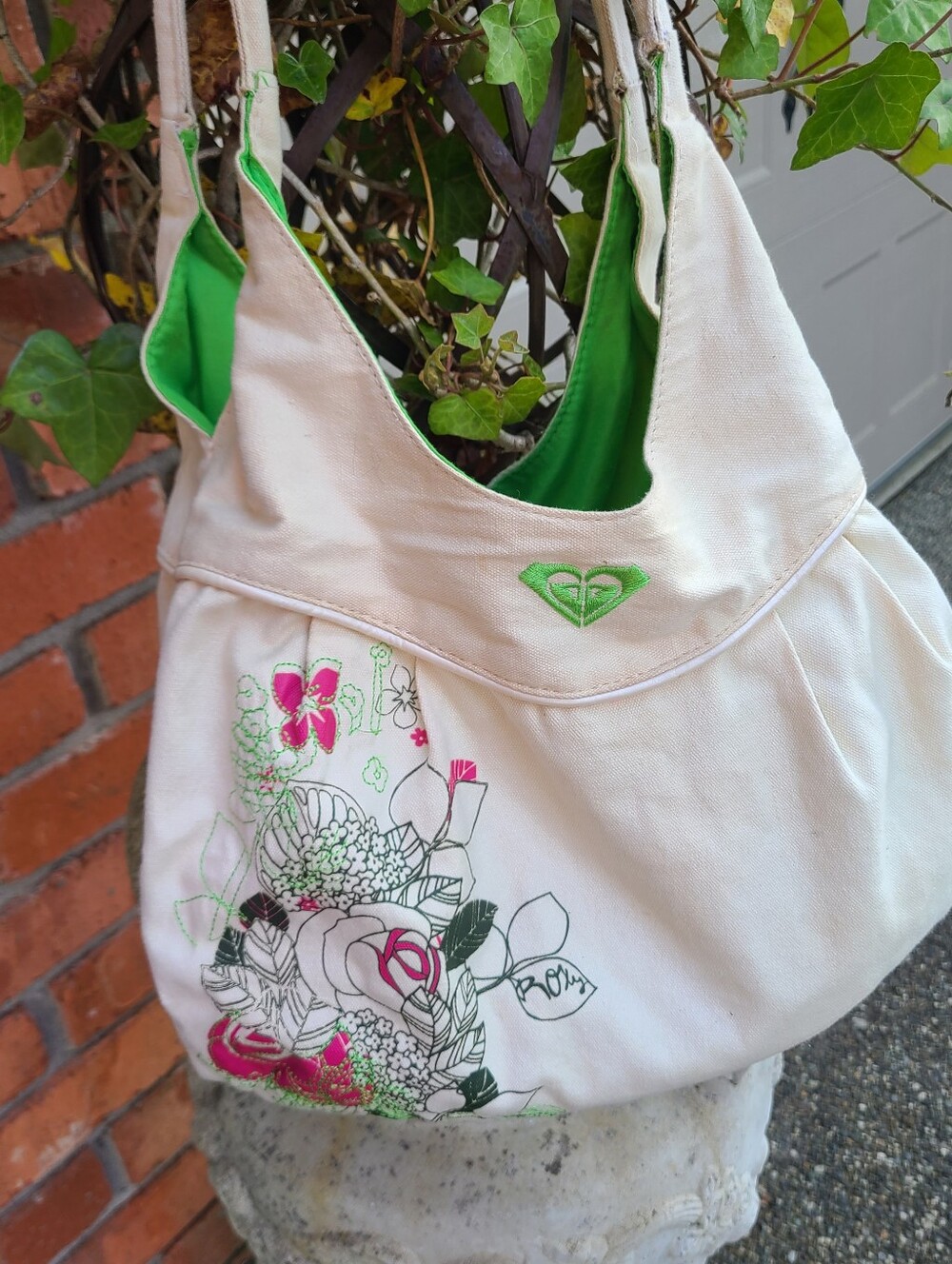 Vintage Roxy Purse Tote Bag Y2K Green Pink Embroidery saddlebag purse Floral Pri - Picture 3 of 7